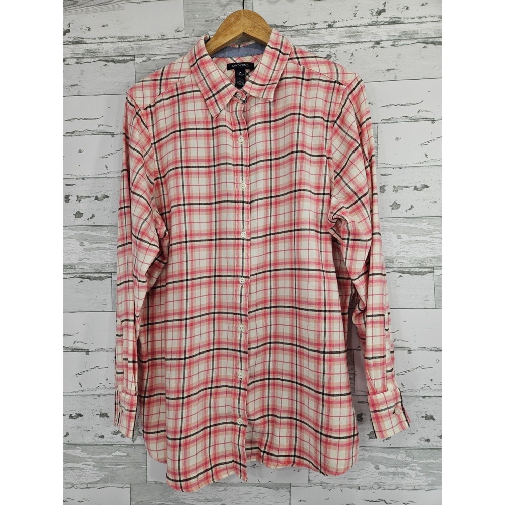 Lands End Womens 1X 16W-18W Pink Plaid Flannel Button Down Shirt Long Sleeve